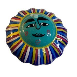 Isidoro Mexico Trinket Box Art Pottery Sun Face Had Painted Multicolor Glazed